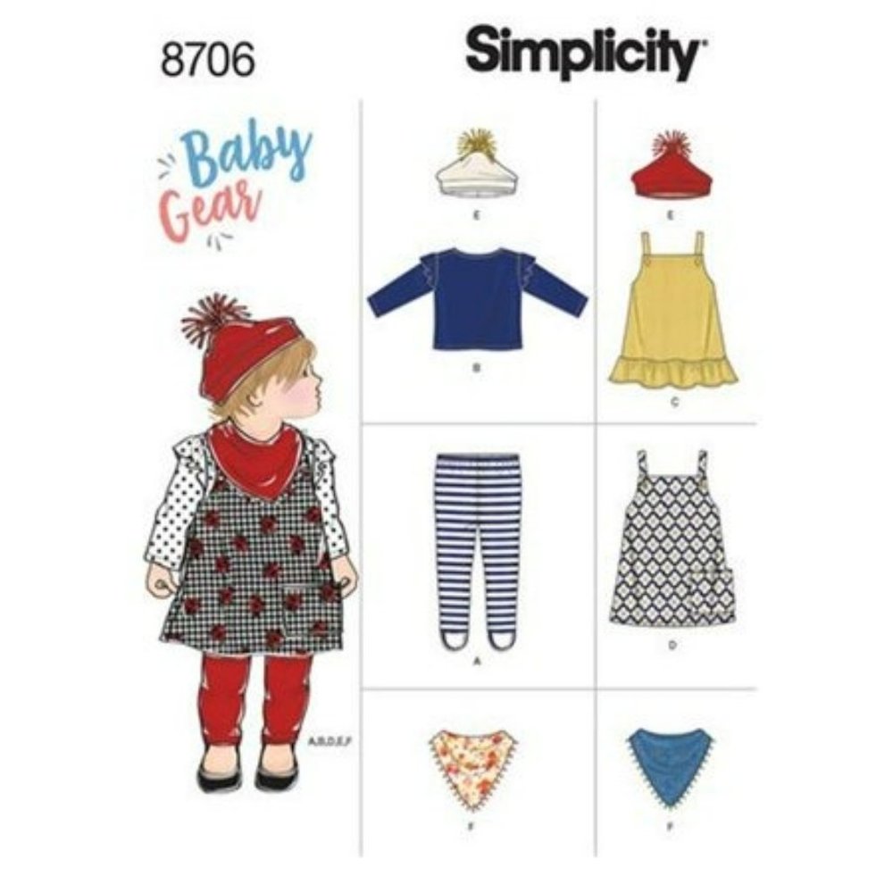 Simplicity 8706 Baby Gear - Jumper, Leggings, Bib, Ruffle Top, Pom Pom Hat XXS-L